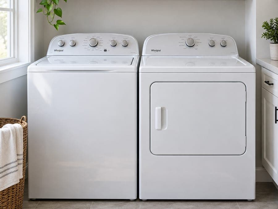 A white top-load washer and matching dryer installed in a bright home laundry room