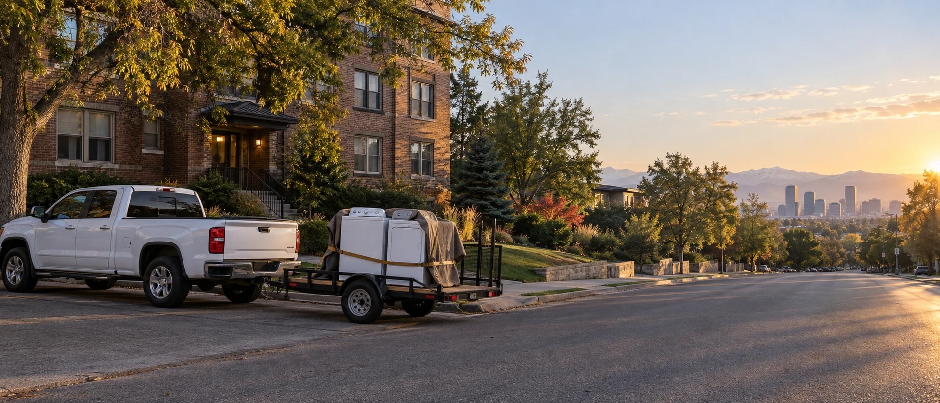 A white pickup truck towing a small flatbed trailer with a washer and dryer strapped upright, parked on a Denver street at sunrise