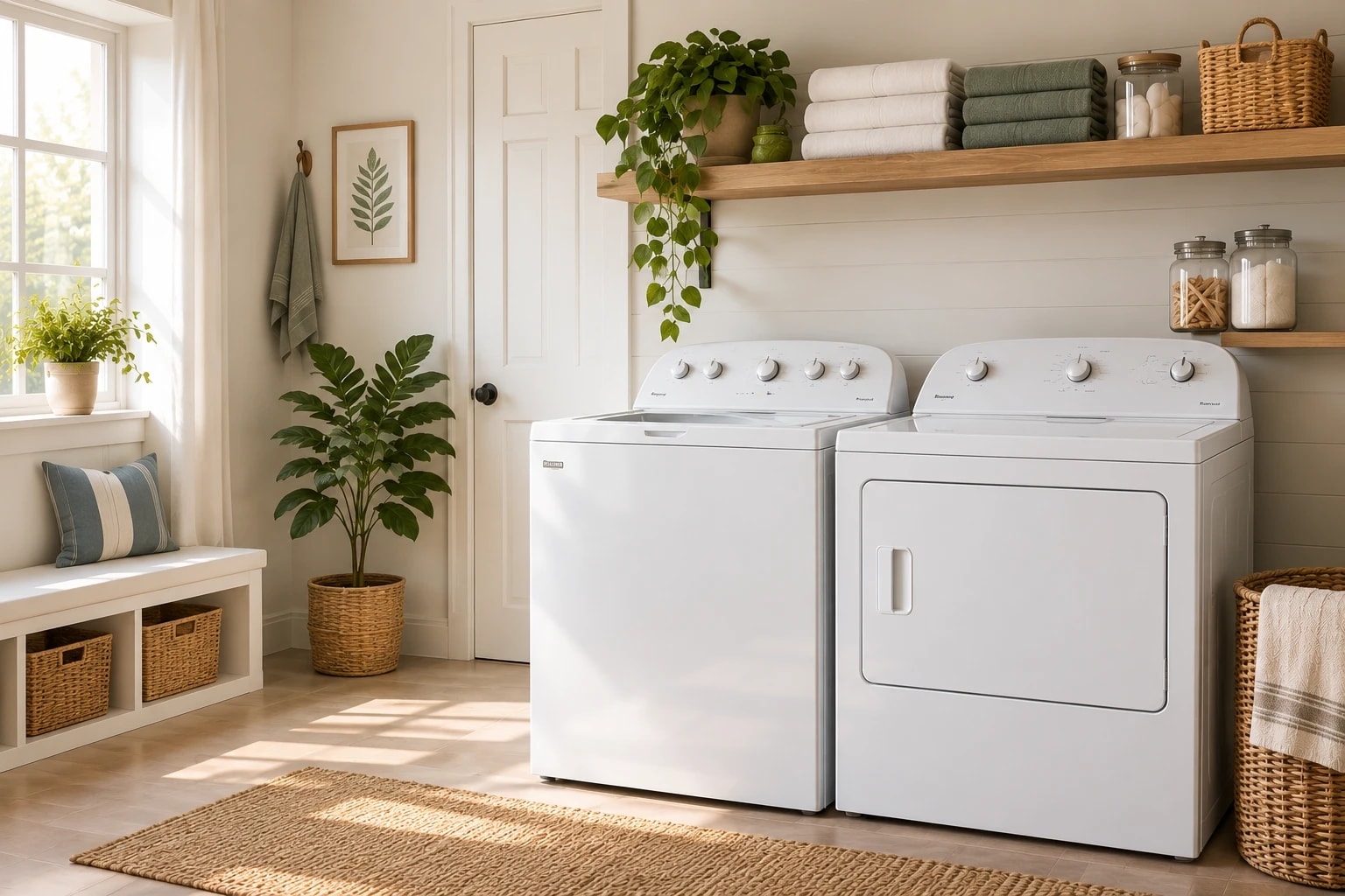 A white top-load washer and dryer under a wooden shelf in a bright laundry room, with a window seat and plants