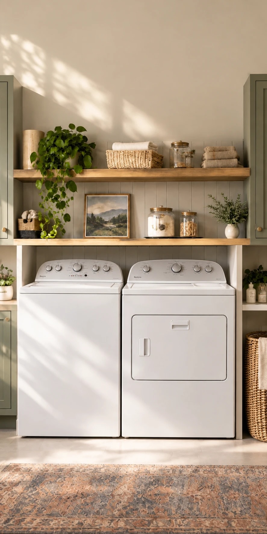 A woman carrying a laundry basket toward a white top-load washer and dryer in a sunlit home laundry room